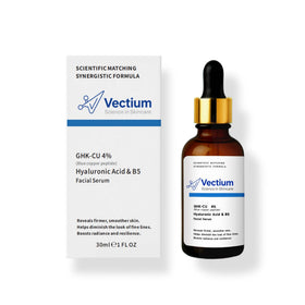 Vectium bottle beside hyaluronic acid visual emphasizing deep hydration benefits