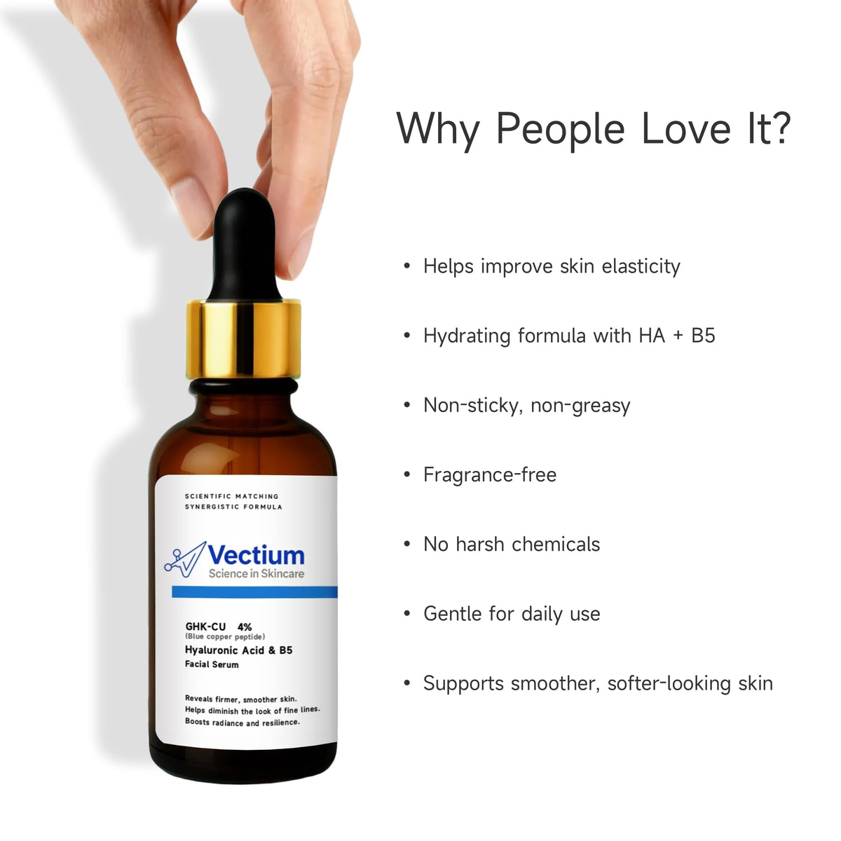 Vectium serum on hand illustrating size and easy, non-greasy application for daily use