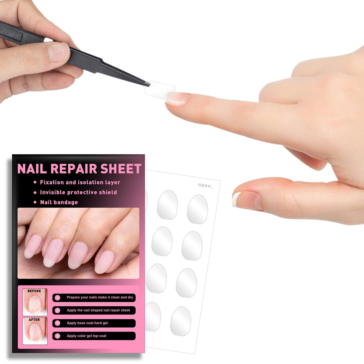 Veerlogix front packaging showing clear nail repair patches and kit benefit