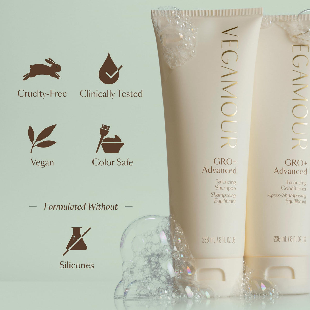 VEGAMOUR before and after hair portrait showing smoother, healthier-looking strands
