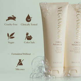 VEGAMOUR before and after hair portrait showing smoother, healthier-looking strands