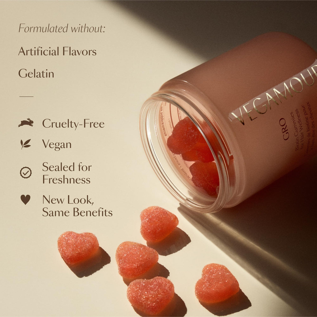 VEGAMOUR gummy in hand for scale, illustrates portable single-dose convenience