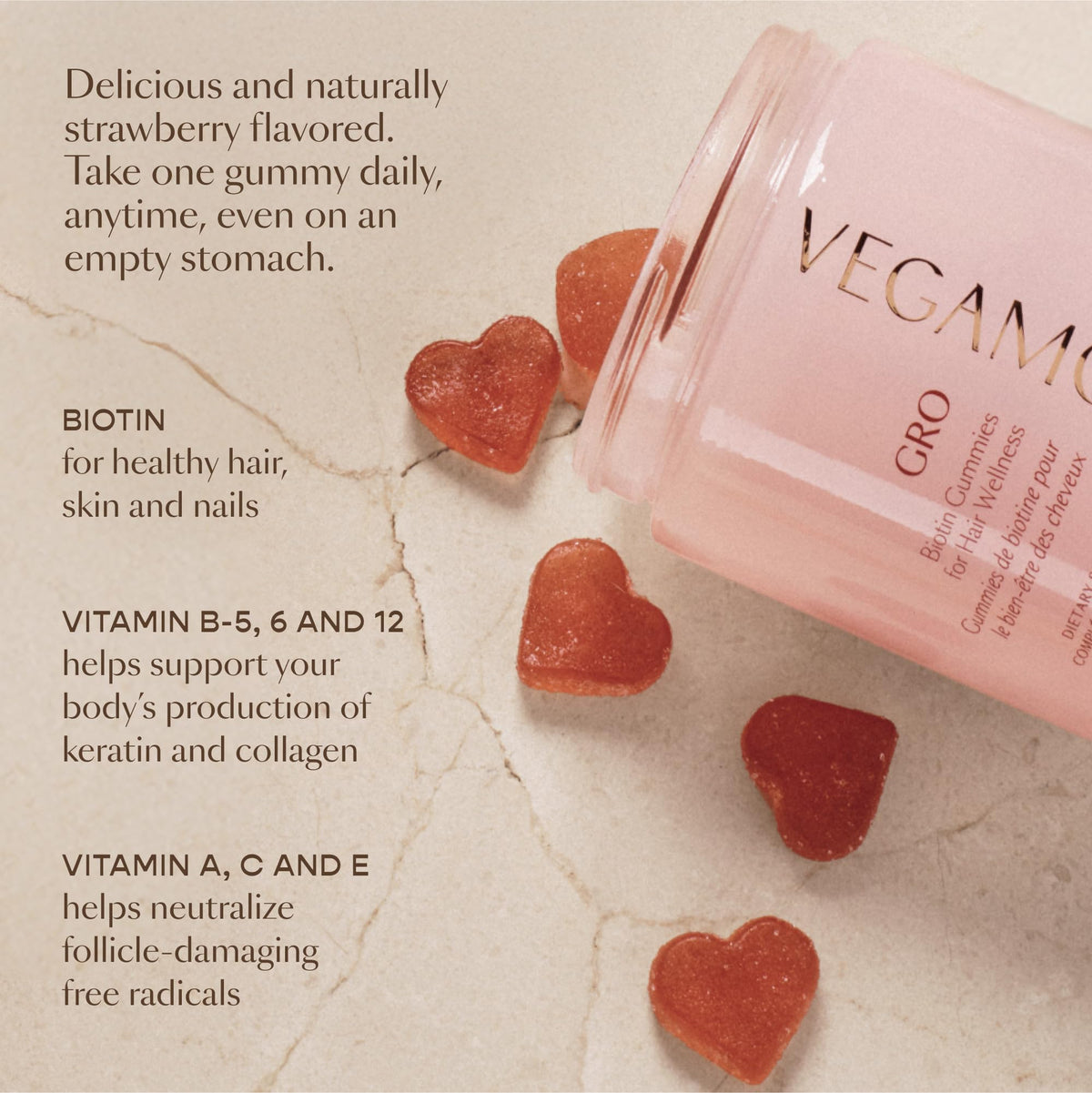 VEGAMOUR gummies with strawberries in lifestyle setting, tasty daily supplement