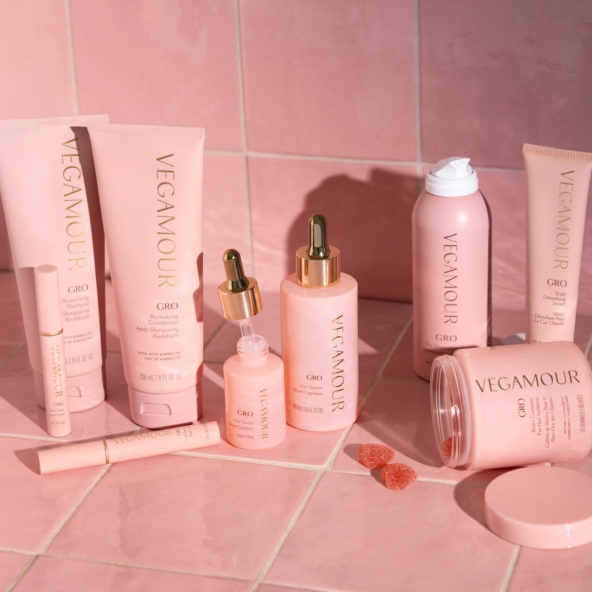 VEGAMOUR GRO on a bathroom counter lifestyle shot showing daily routine placement