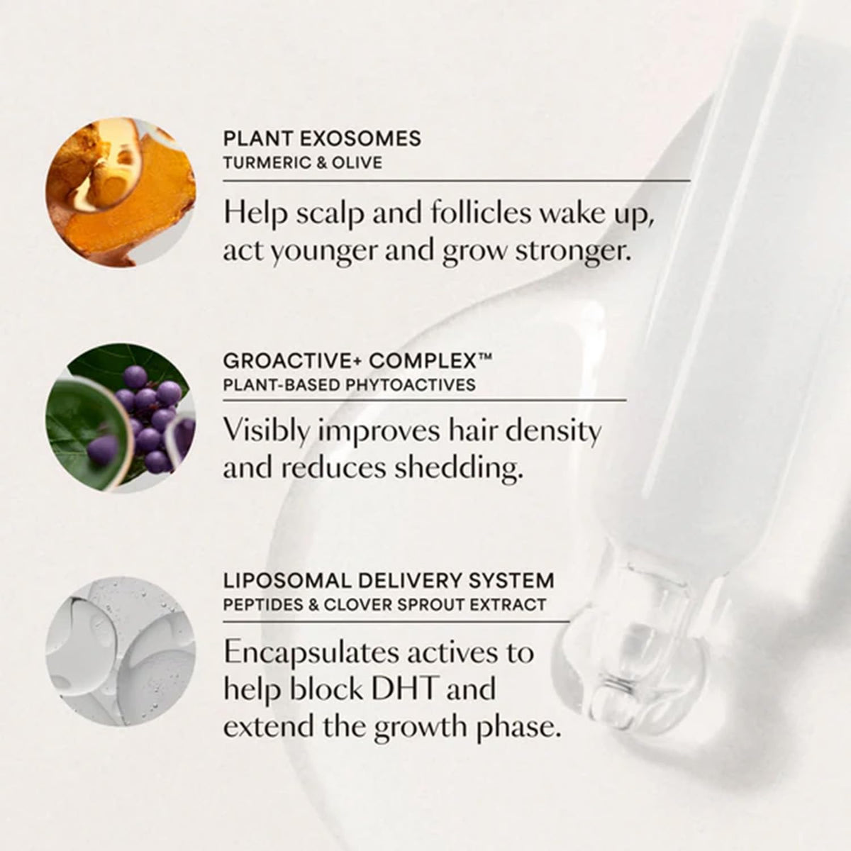 VEGAMOUR GRO+ bottle held in hand shows 3.4 fl oz scale for 90-day supply