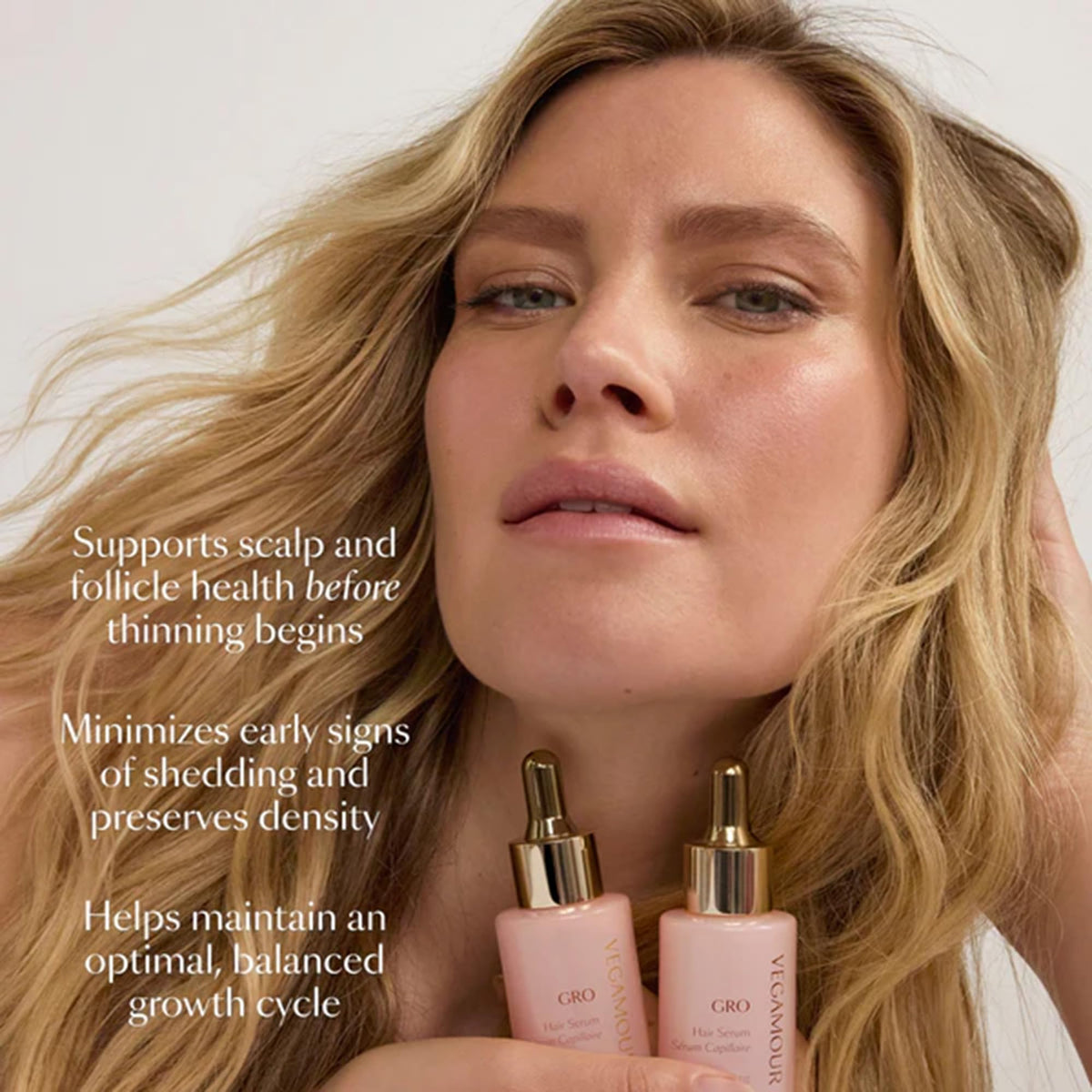 vegamour three bottles arranged to show 90 day supply benefit uninterrupted routine