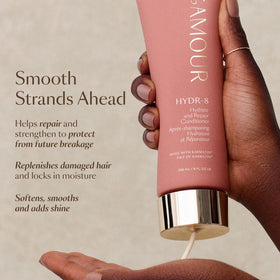 VEGAMOUR applying conditioner to damp hair illustrating fast hydration step