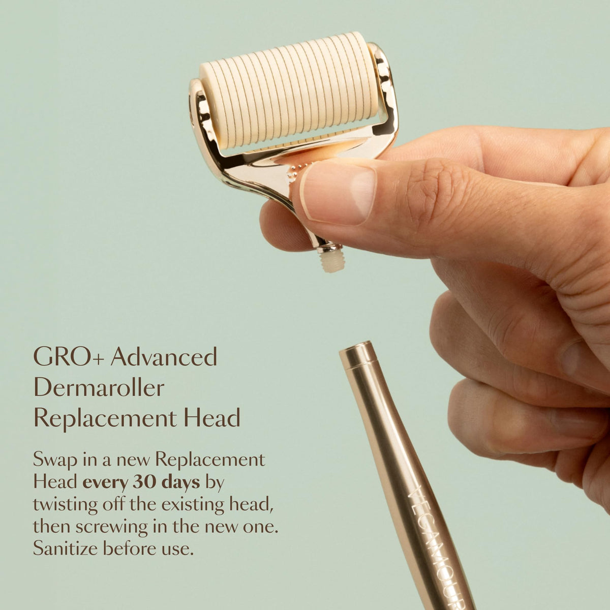 VEGAMOUR roller being used on scalp demonstrating quick pre-serum preparation benefit