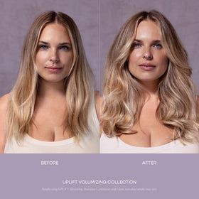VEGAMOUR foam applied to damp hair showing quick root-lifting benefit