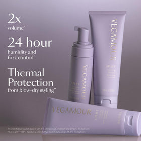 Close-up of VEGAMOUR label and pump showing ingredient clarity and easy use