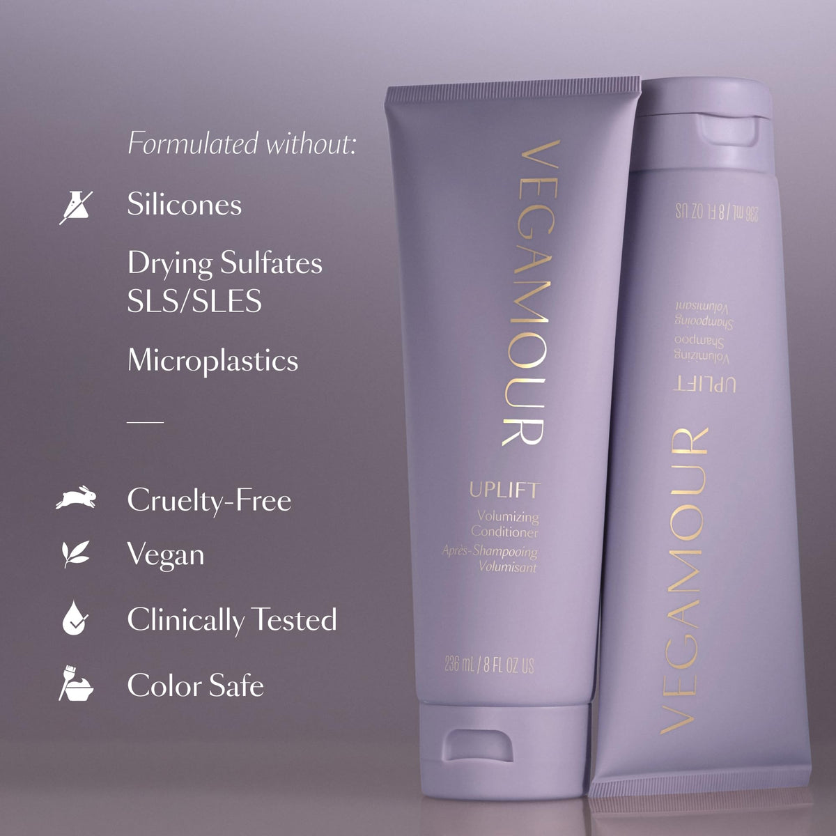 VEGAMOUR UPLIFT shampoo and conditioner together showing complete volumizing system