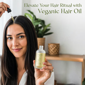 Veganic on bathroom shelf lifestyle shot showing everyday use and salon-grade appeal