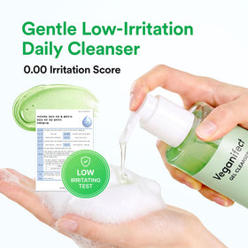 VEGANIFECT cleanser in bathroom scene suggesting practical morning routine use