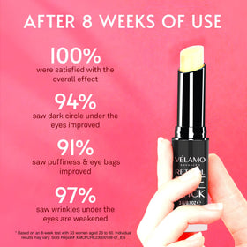 VELAMO ADVANCED applying day stick under eye to reduce puffiness and brighten