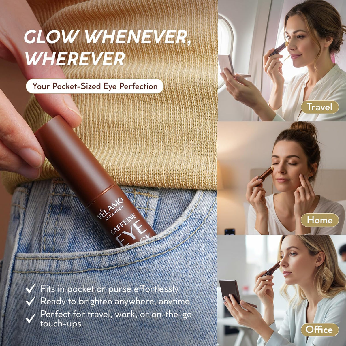 VELAMO ADVANCED applying stick under eye to reduce puffiness quickly