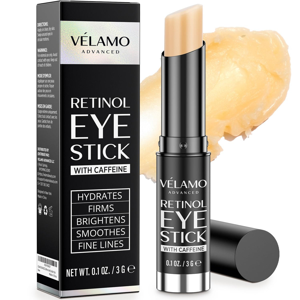 VELAMO ADVANCED front packaging showing compact eye stick and benefits