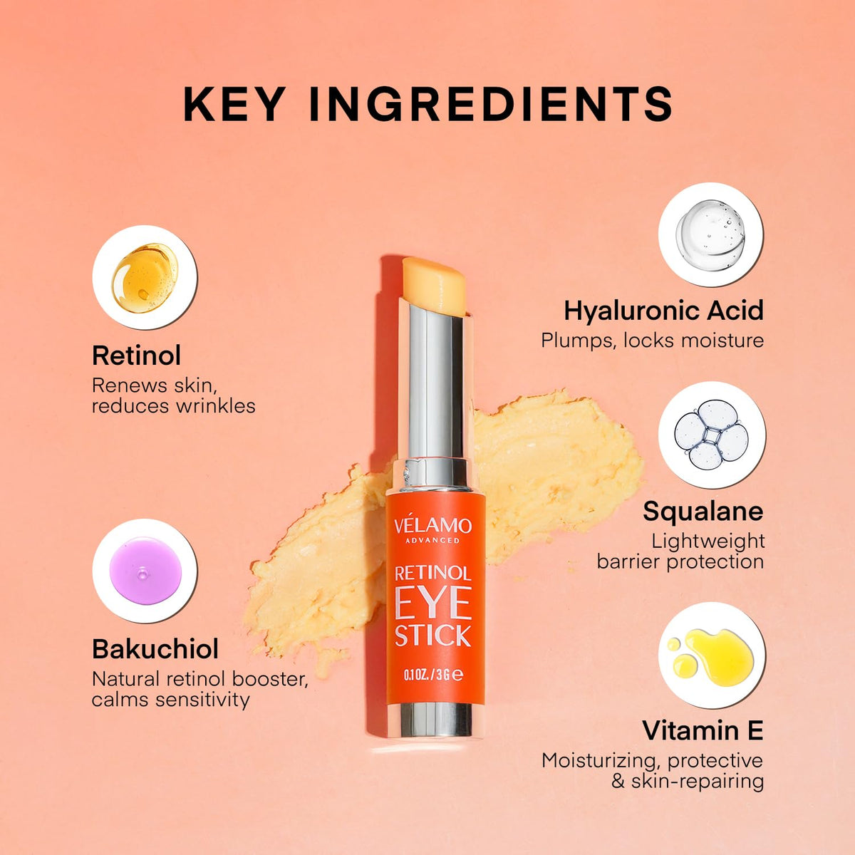 VELAMO ADVANCED texture close-up showing smooth balm glide for targeted under-eye hydration
