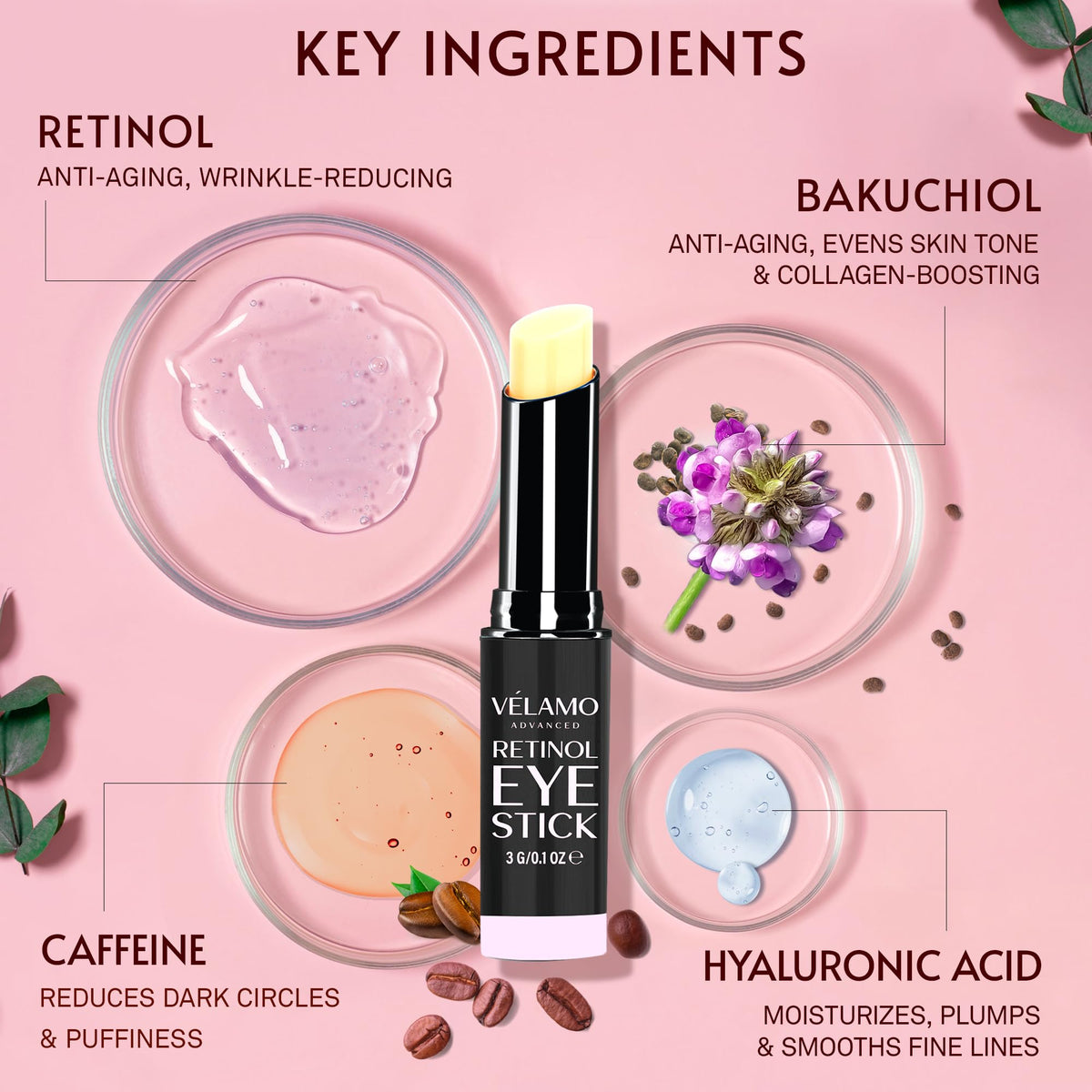 VELAMO ADVANCED ingredient flatlay with retinol, bakuchiol, peptides for effective care
