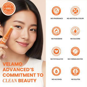 VELAMO ADVANCED ingredient label close-up showing retinol and peptide benefits