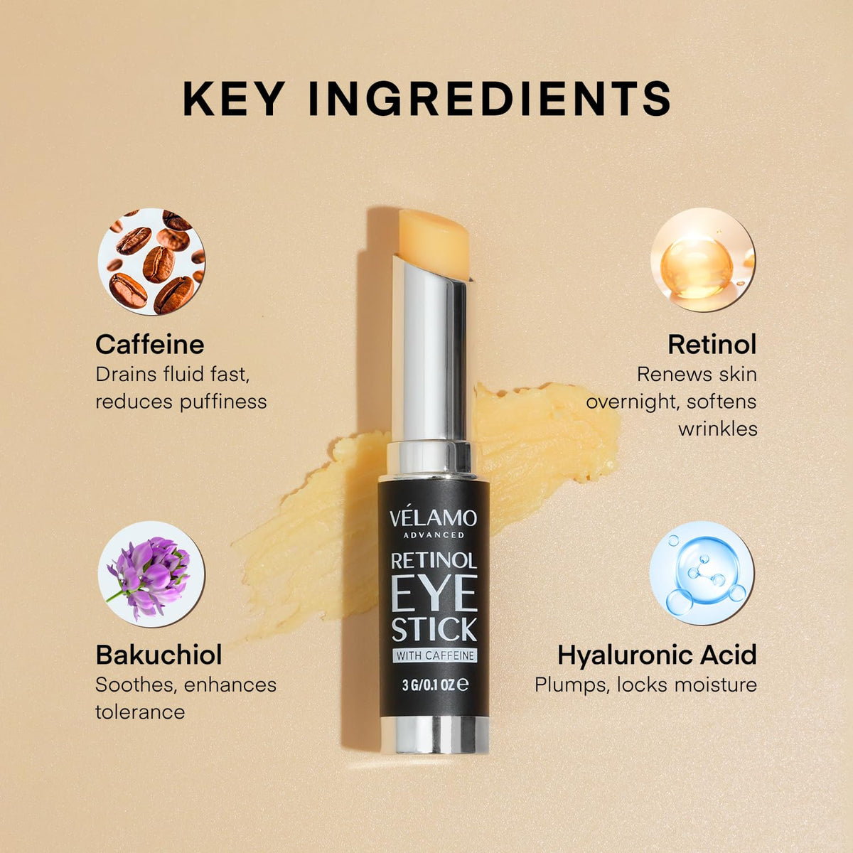 VELAMO ADVANCED ingredients flatlay highlighting bakuchiol, caffeine and hyaluronic acid