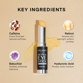 VELAMO ADVANCED ingredients flatlay highlighting bakuchiol, caffeine and hyaluronic acid