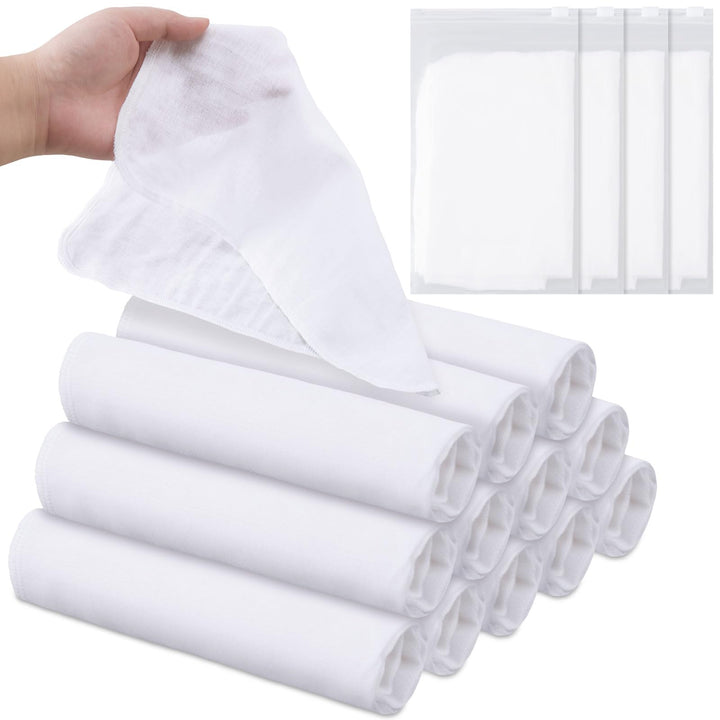 Velmitten front packaging showing 12 white muslin cloths and four cases, organized for travel