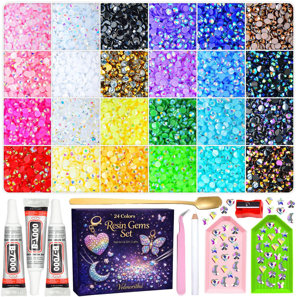 Velmoritha front packaging showing full rhinestone kit and included tools for organized crafting