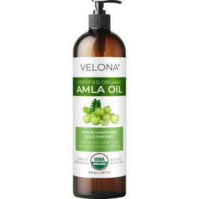 velona bottle front view showing organic amla oil and certification benefits