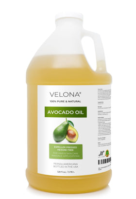 velona avocado oil front packaging showing gallon bottle and label benefits