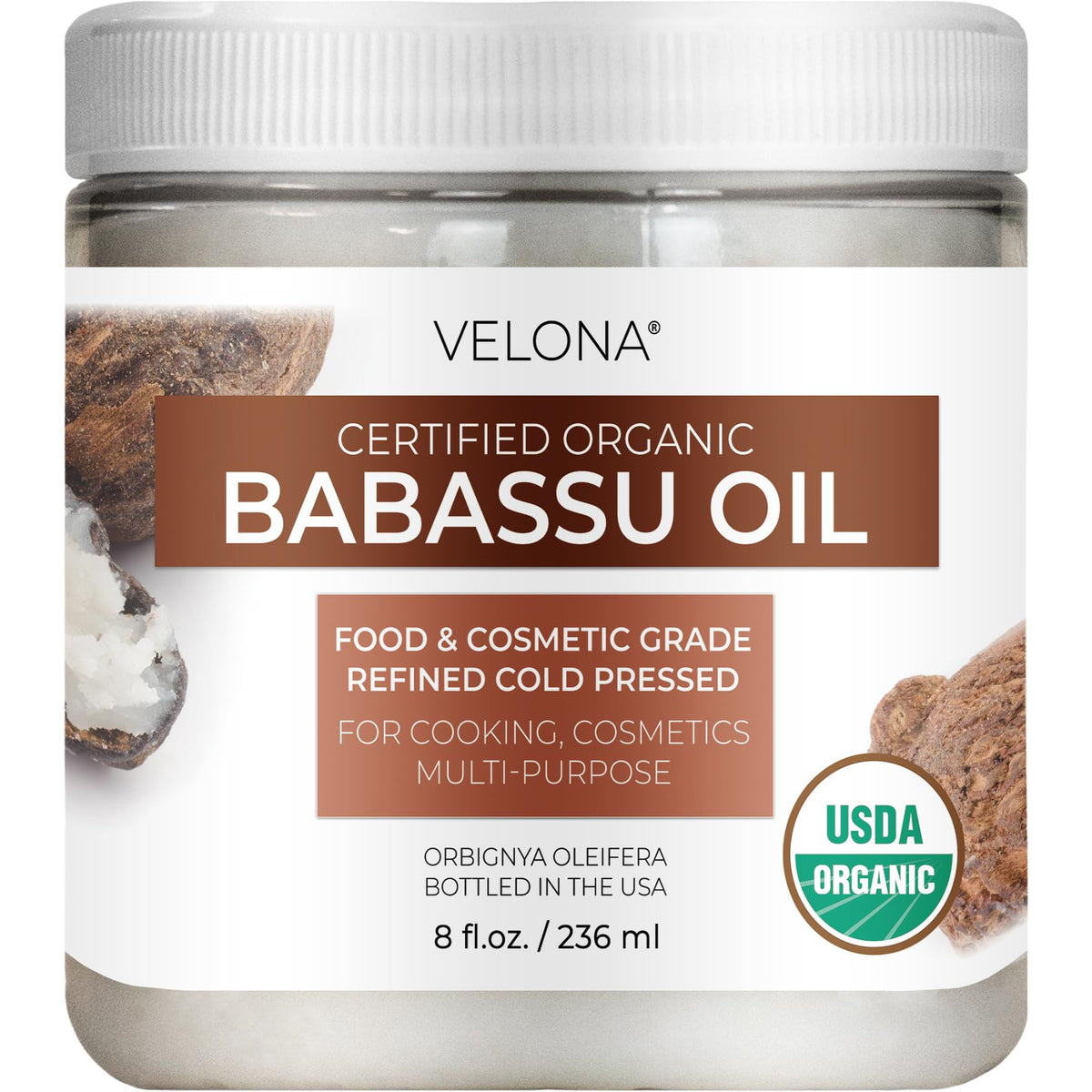 velona front bottle showing USDA organic label and clear oil benefits