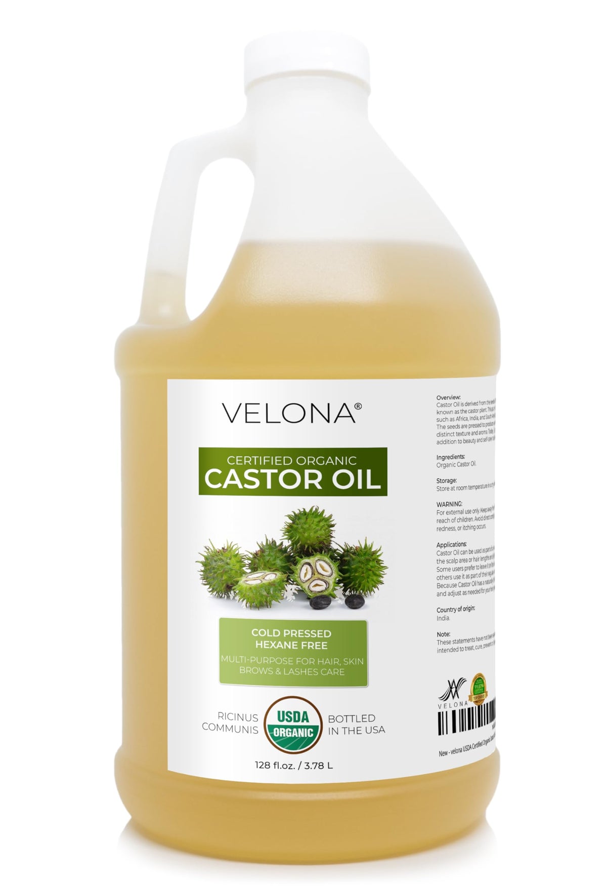 velona front gallon bottle showing label and organic certification, reliable bulk supply