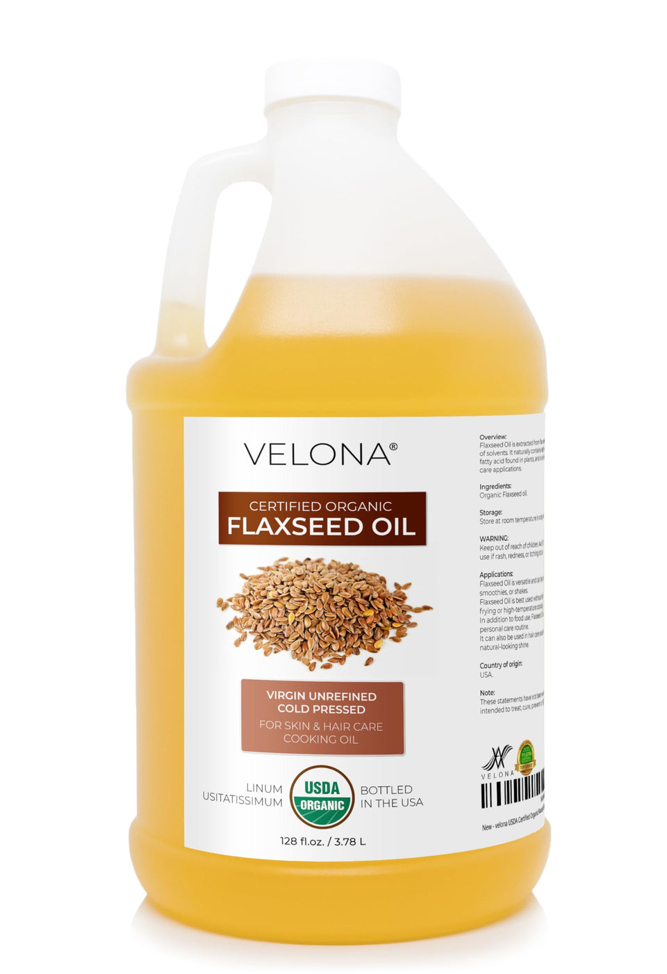velona front label showing organic certification and gallon size benefits