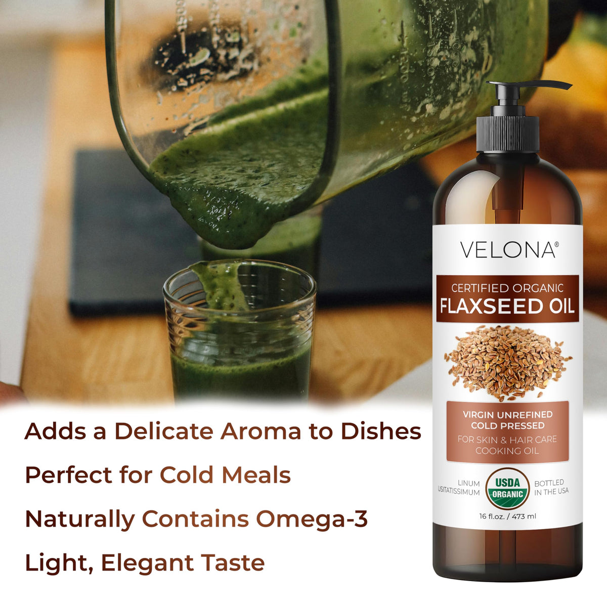 velona flaxseed oil drizzled over salad highlighting fresh flavor addition