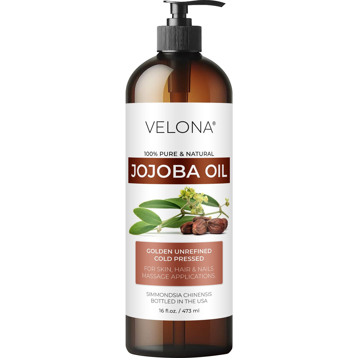 velona jojoba oil front bottle showing label and pump for easy dispensing