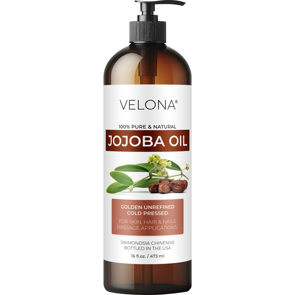 velona jojoba oil front bottle showing label and pump for easy dispensing