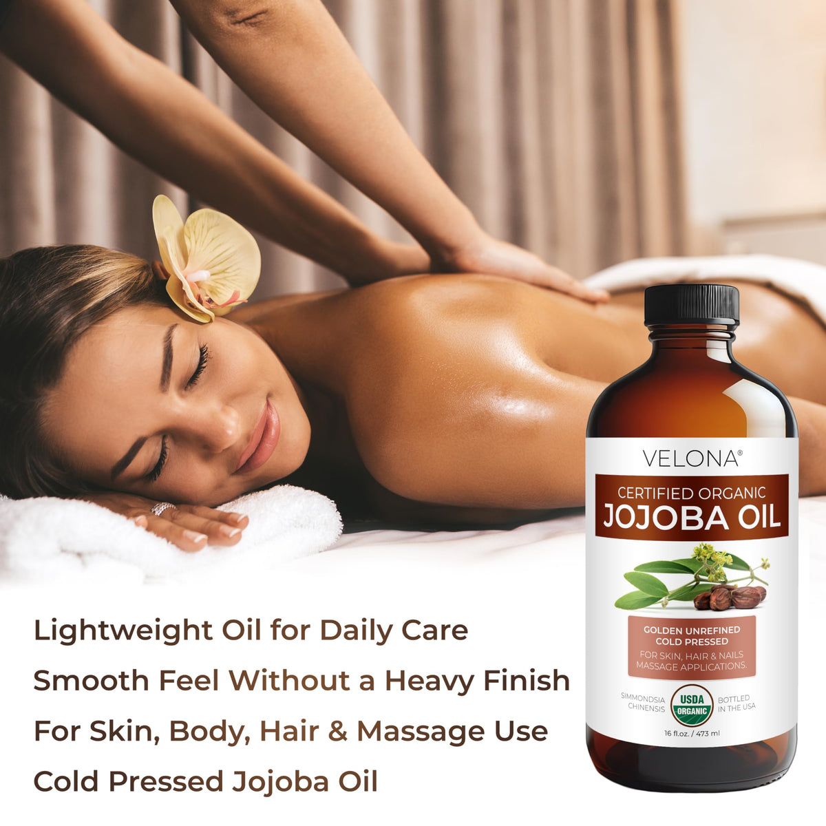 velona applying jojoba oil to hair for shine and frizz control benefit