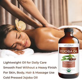 velona applying jojoba oil to hair for shine and frizz control benefit