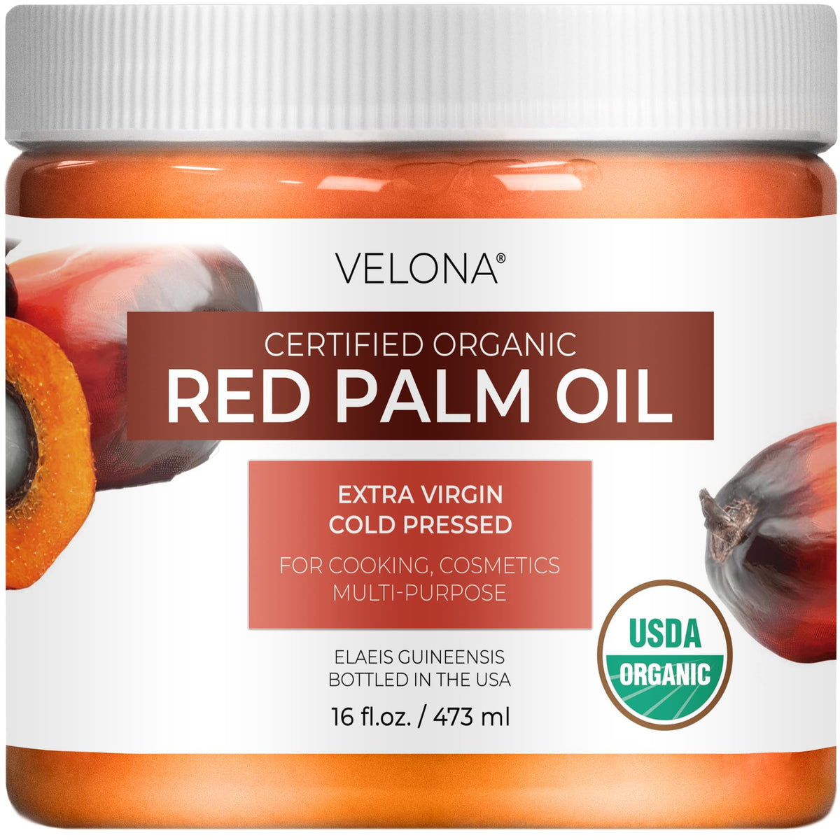 velona jar front view showing organic red palm oil and clear labeling for quality