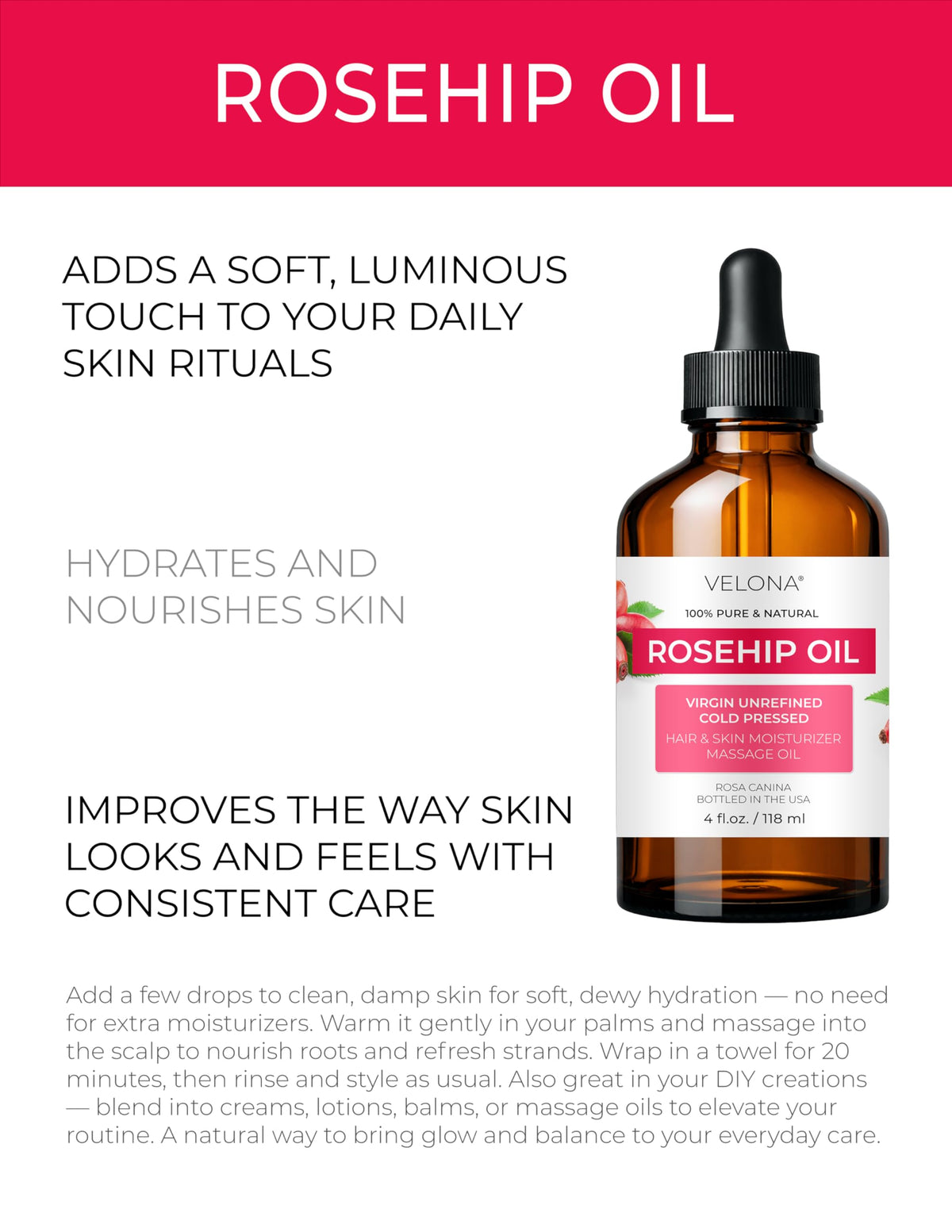 velona rosehip oil dropper dispensing a drop, precise dosing and easy blending benefit