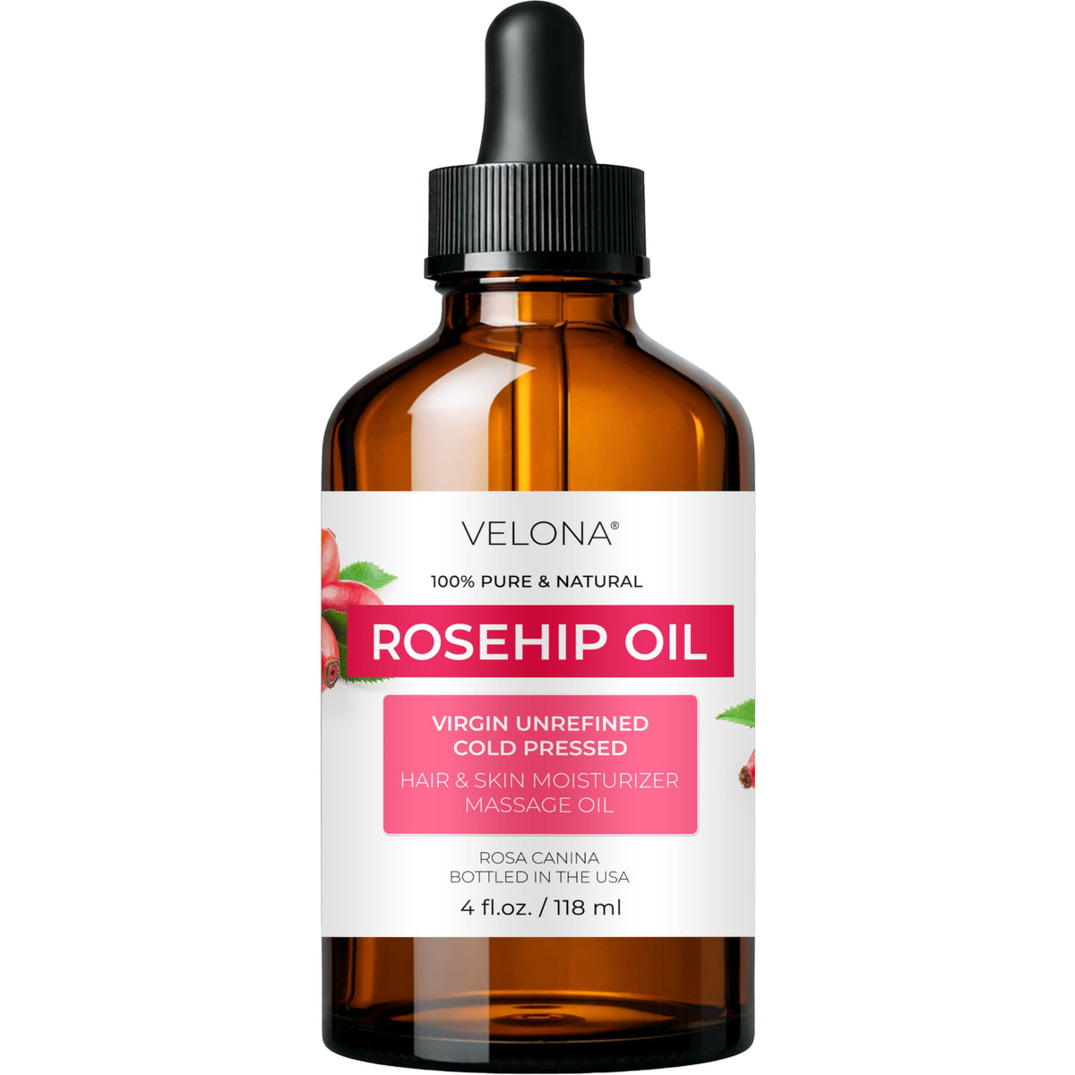velona rosehip oil front bottle showing clean label and golden color, pure hydration