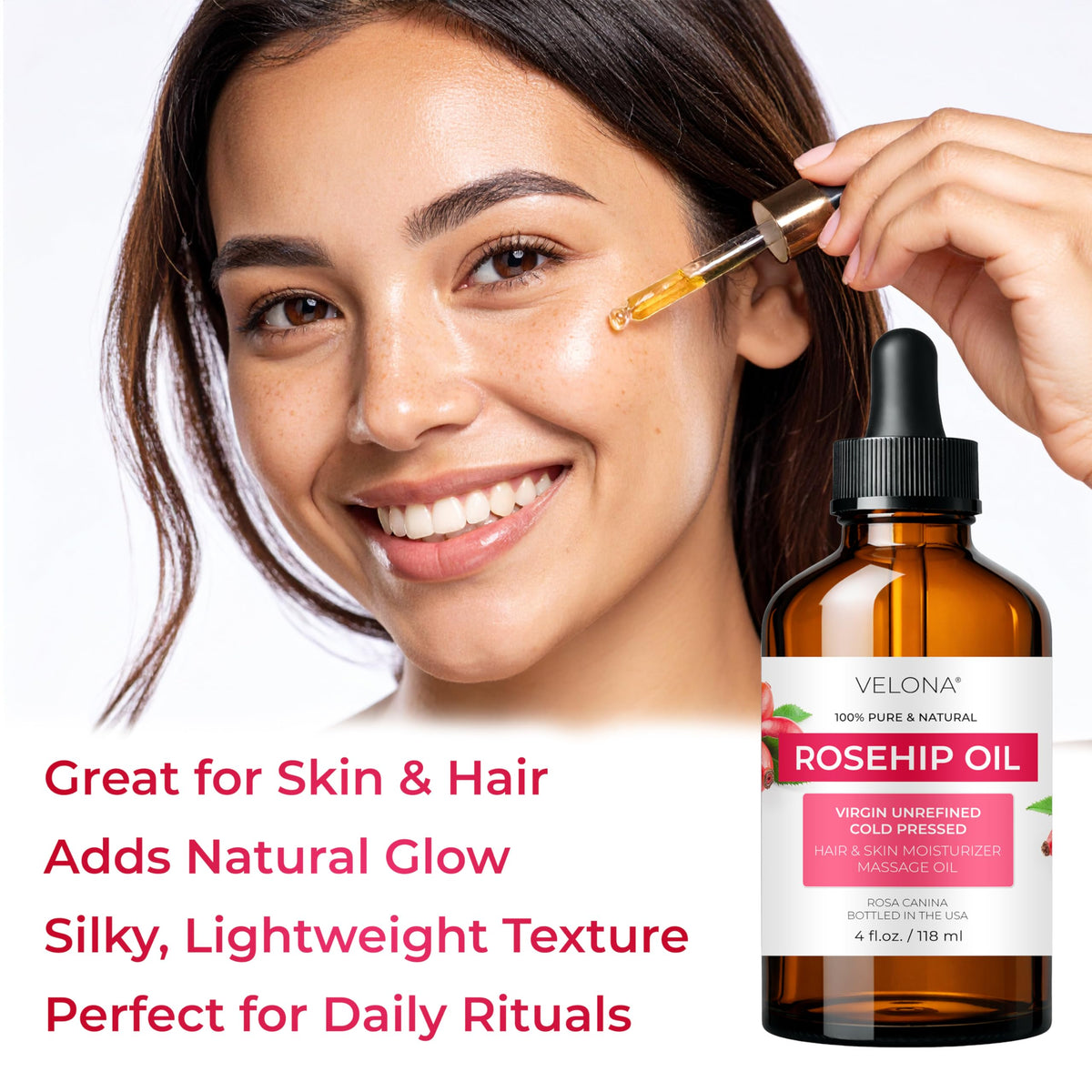 velona rosehip oil smoothing through hair ends for shine and conditioning benefit