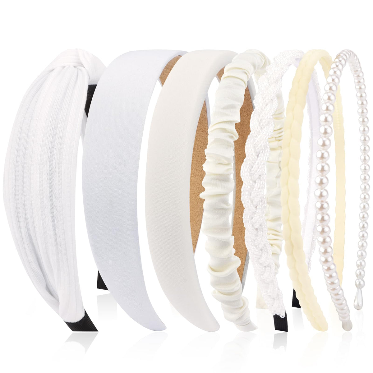 VELSCRUN front view of seven white headbands showing variety and styling options