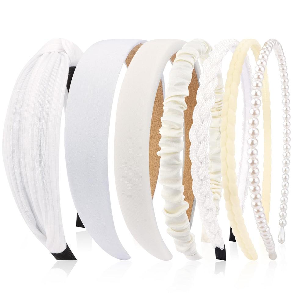 VELSCRUN front view of seven white headbands showing variety and styling options