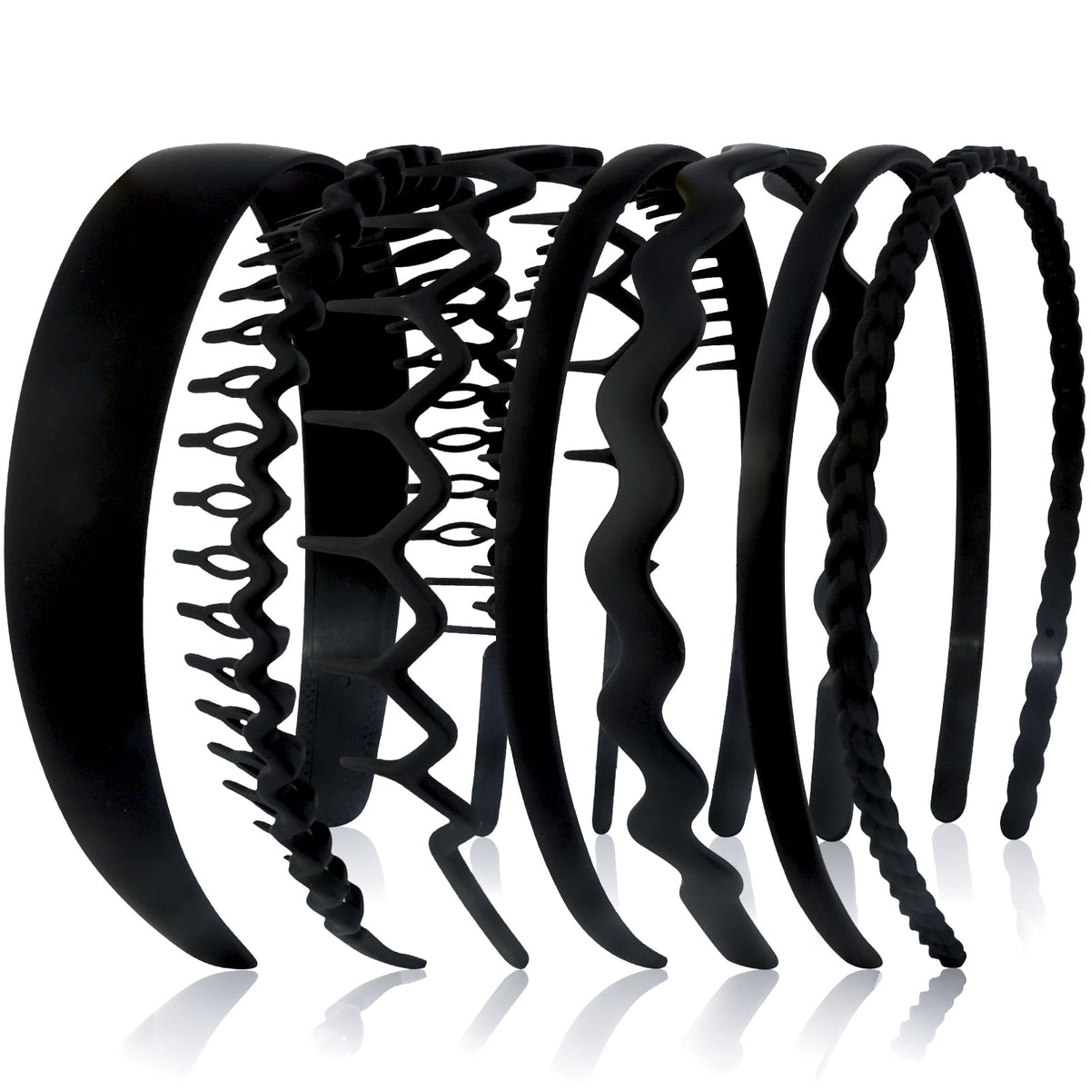 VELSCRUN front display of seven black headbands showing variety and convenience