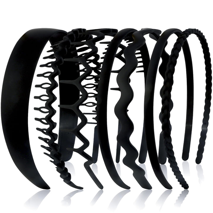 VELSCRUN front display of seven black headbands showing variety and convenience