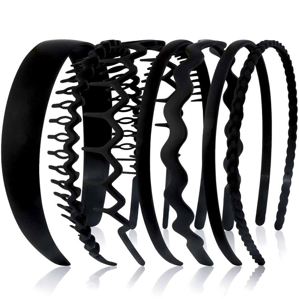 VELSCRUN front display of seven black headbands showing variety and convenience