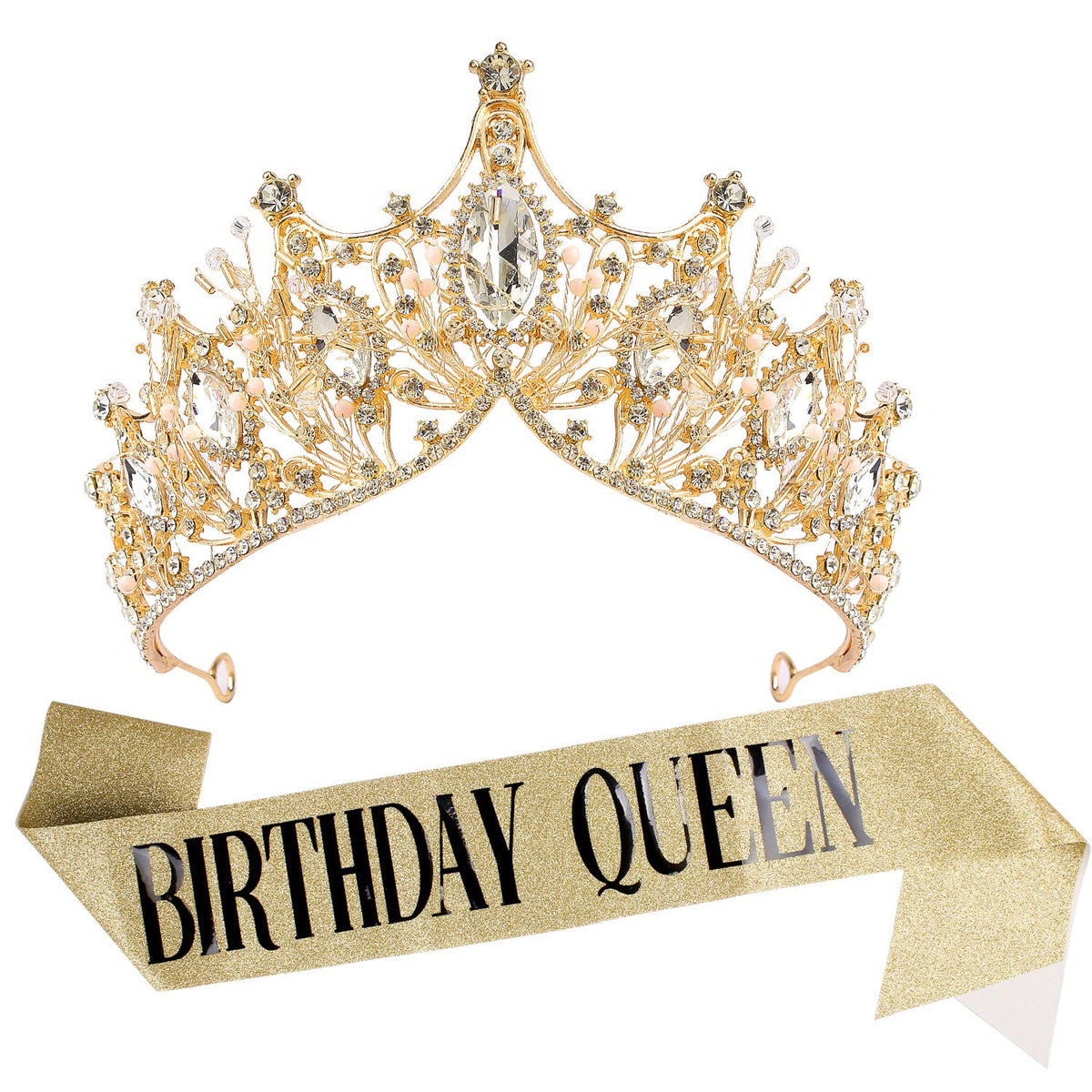 VELSCRUN front view of tiara and sash showing regal look and celebration-ready style