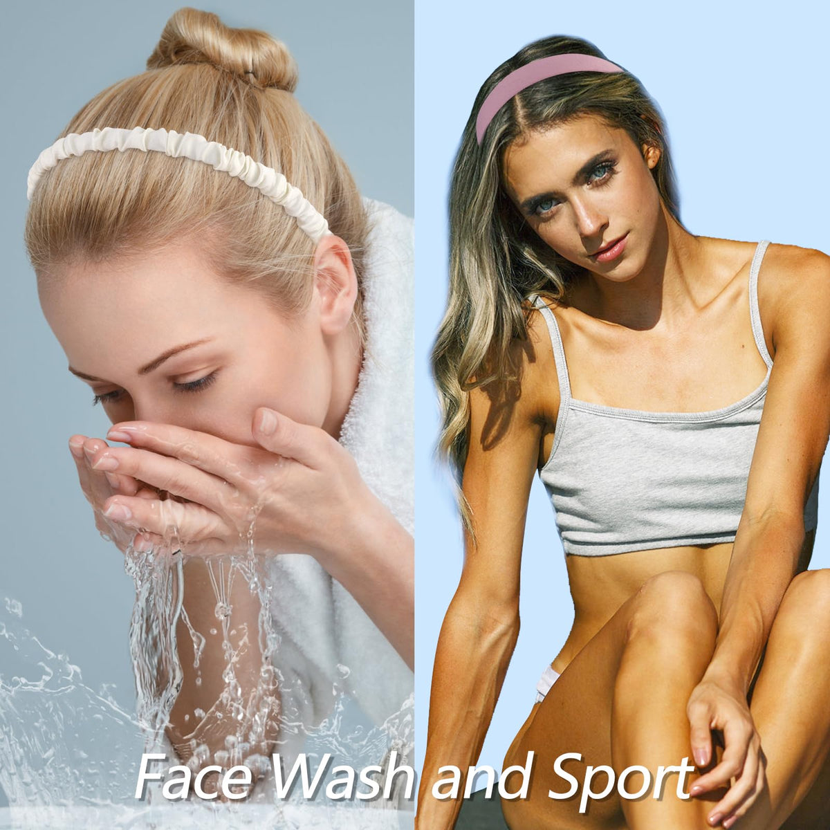 VELSCRUN headband in use during skincare routine keeping hair away from face