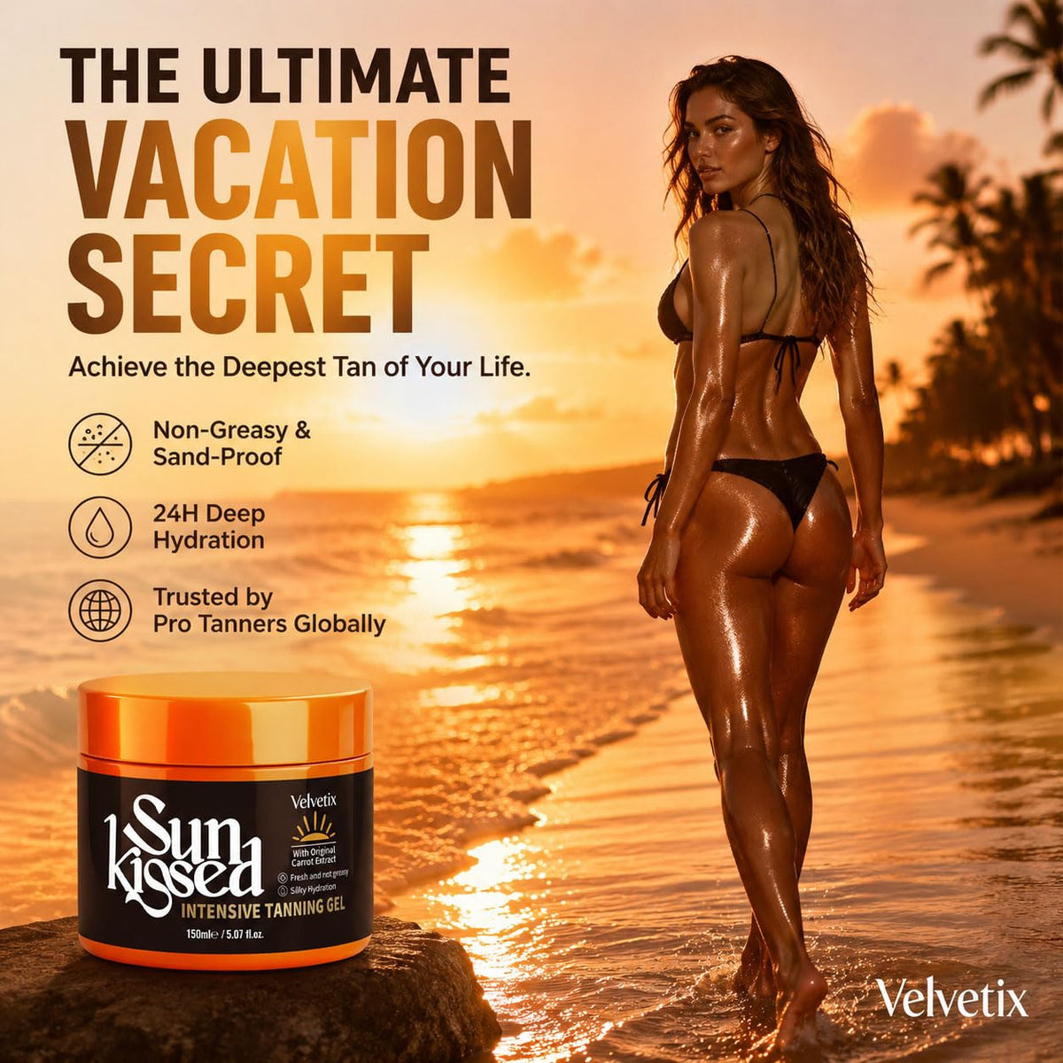Velvetix used at the beach demonstrating outdoor tanning performance