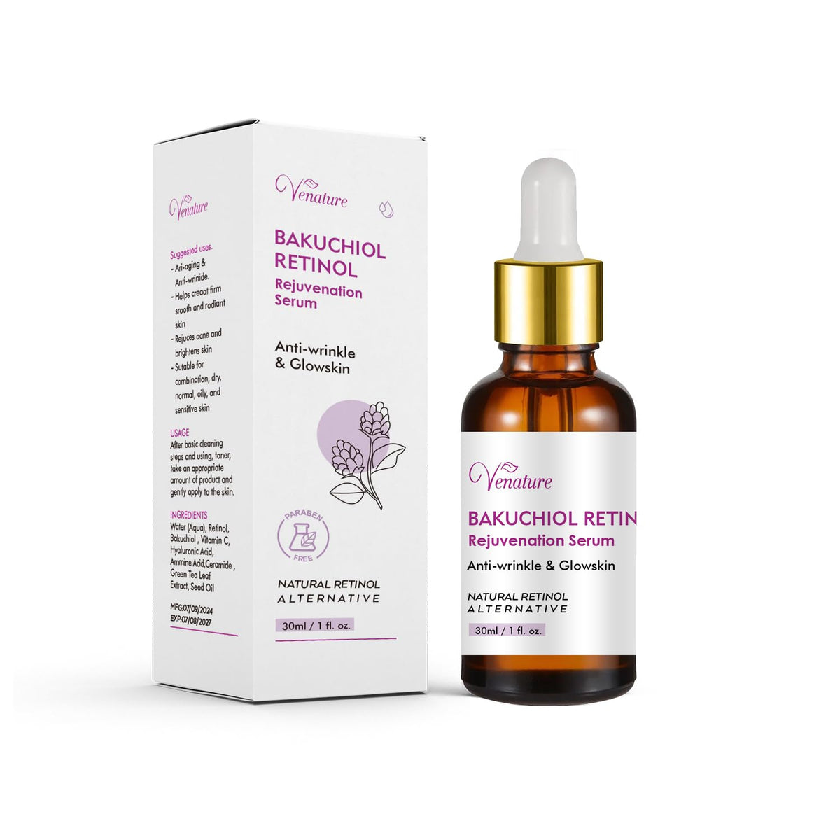 Venature bottle front view showing sleek label and anti-aging serum benefits